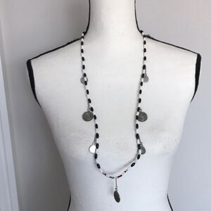 Free People Black White Beaded Silver Coins Necklace .